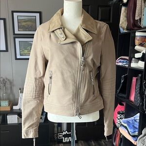 Coach Tan Twill and Lamb Leather Moto Jacket with Asymmetrical Zip